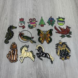 Lot of 13 Vintage Sun-Catcher Stained Glass Animal Holiday Christmas Unicorn Cat